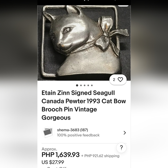 Seagull signed pewter 1993 cat with bow brooch - Picture 4 of 4